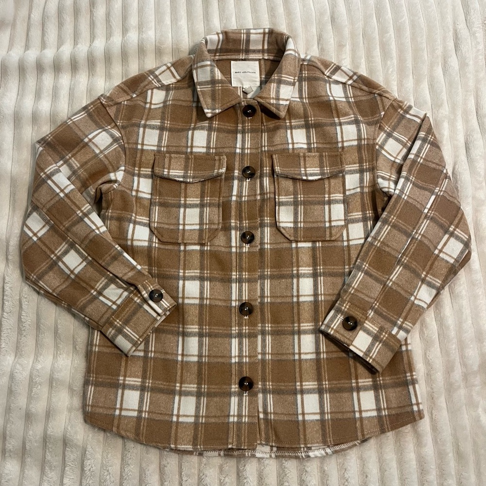 Plaid Flannel Shacket in Tan, White + Gray by Avec Les Filles Button Up Medium